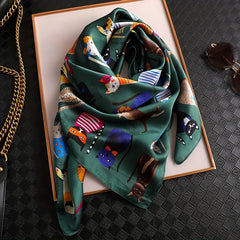 Cartoon Cat Print Square Scarf Satin Bandana Vintage Silk