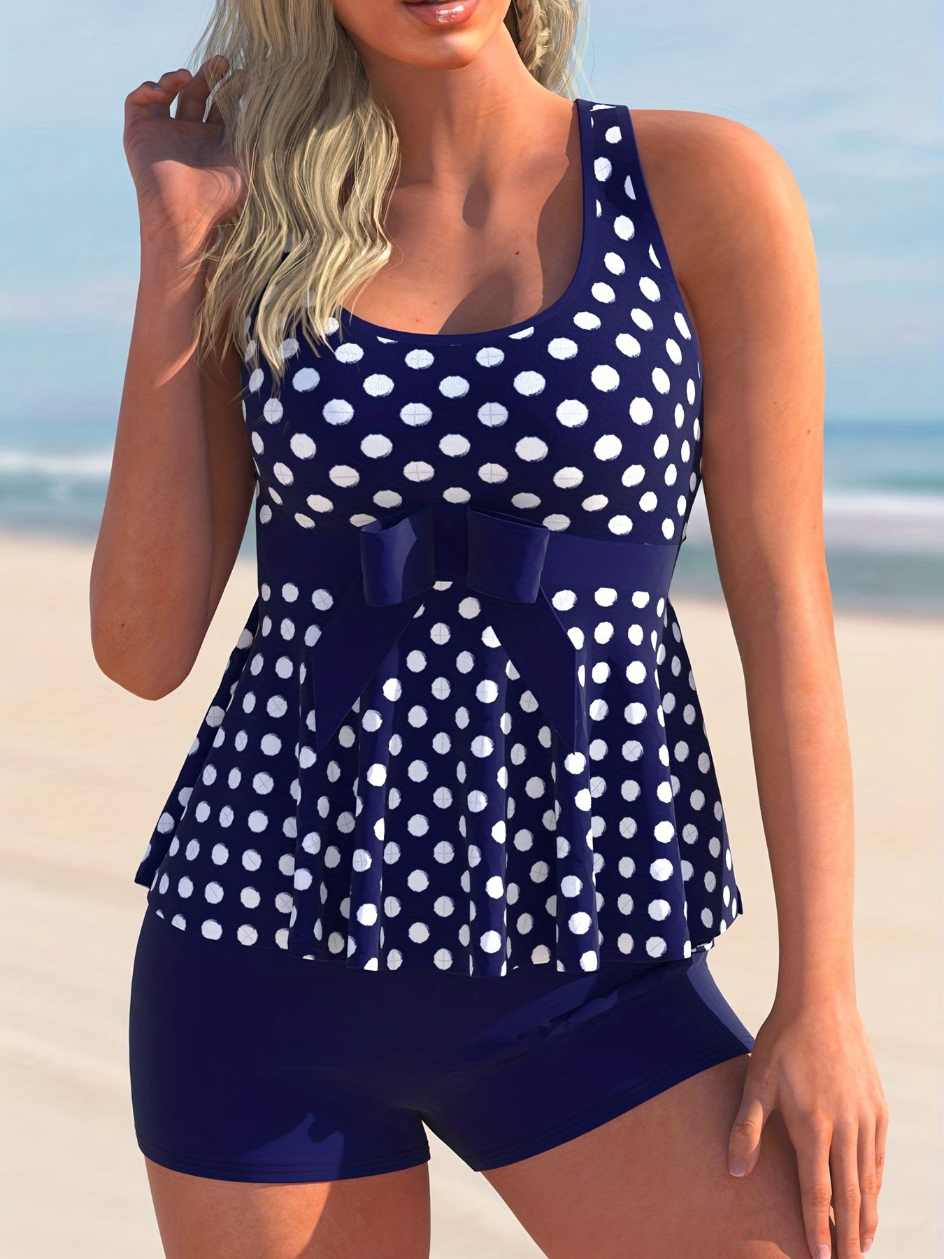 Polka Dot Tankini Set Plus Size Bow Front Crisscross Back Top & Shorts