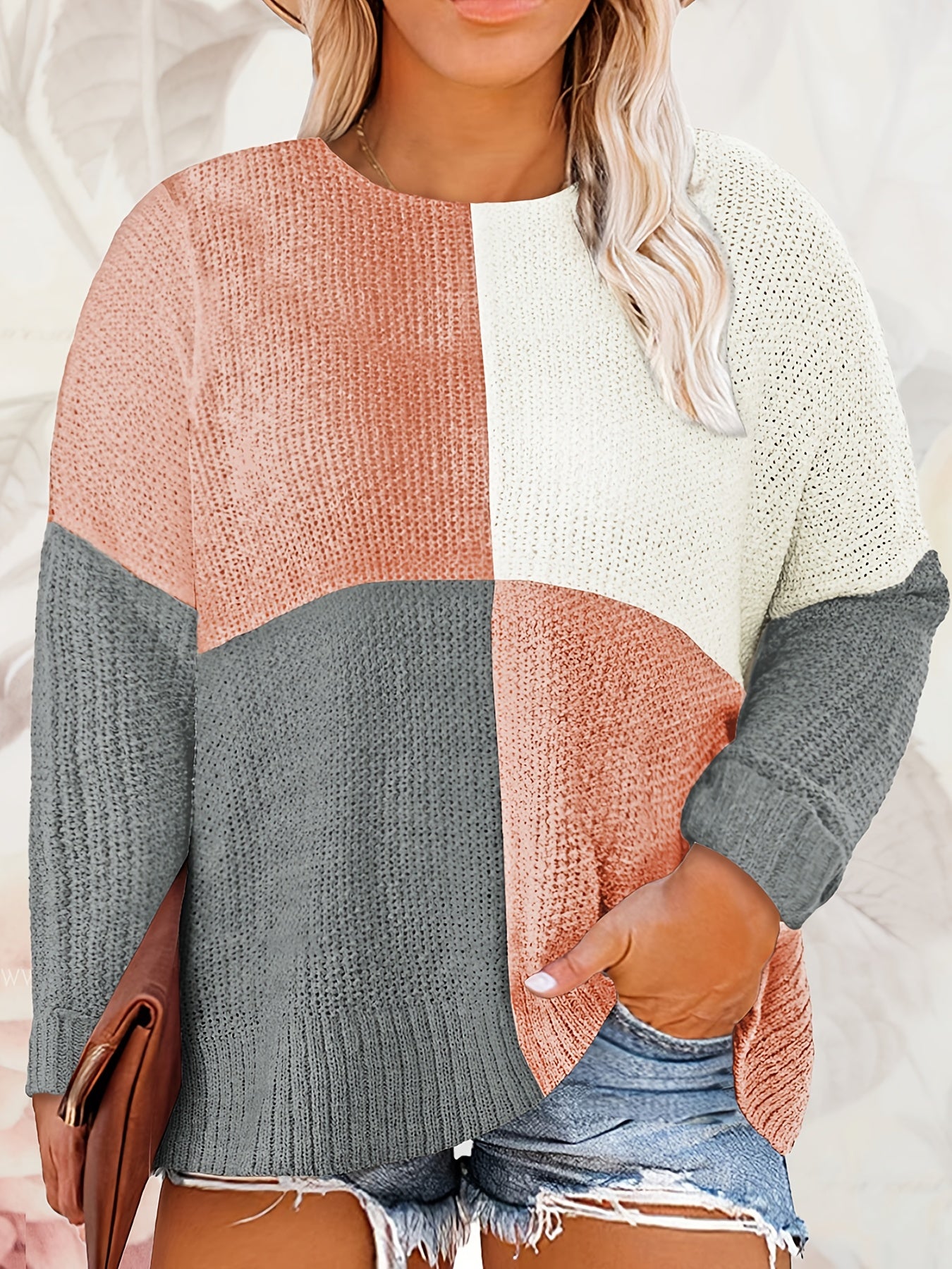  Colorblock Round Neck Pullover Sweater