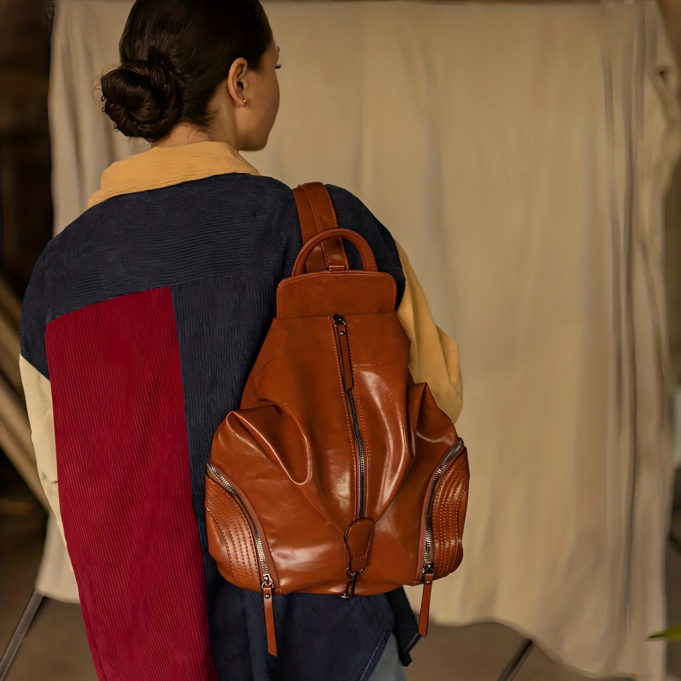 Retro Faux Letter Zipper Backpack Soft Daypack