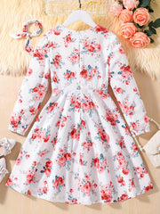 Girls' Floral Round Neck A-line Long Sleeve Dress