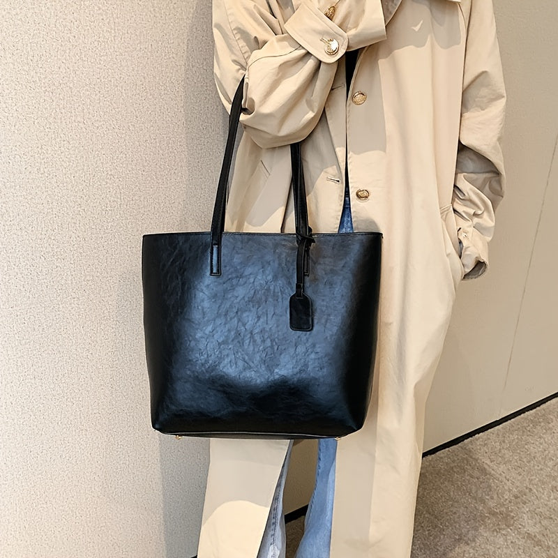 Large Capacity Shoulder Tote Bag Solid Faux Leather