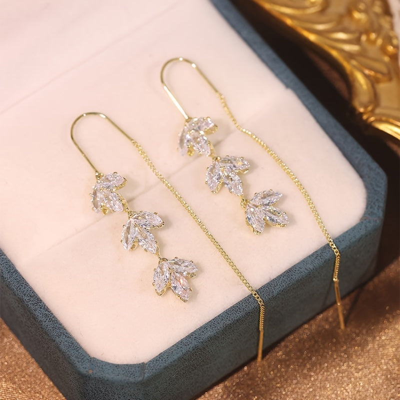 Zircon Decor Threader Earrings Maple Leaf Long Tassel Ear Accessories