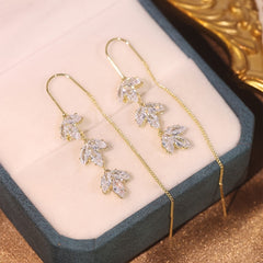 Zircon Decor Threader Earrings Maple Leaf Long Tassel Ear Accessories