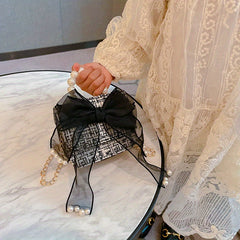 Kids Mesh Bow Handbag w/ Faux Pearl Handle Mini Messenger Bag