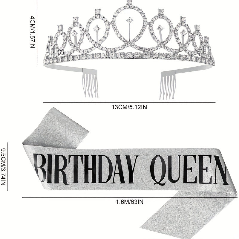 2pcs Golden Crown & Satin Sash Crystal Women Kids Birthday Deco
