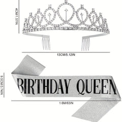 2pcs Golden Crown & Satin Sash Crystal Women Kids Birthday Deco