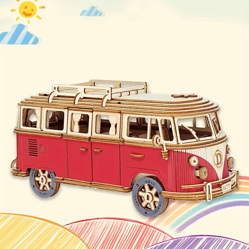 3D Wooden Puzzle Camping Car Model Educational Building Block Toy