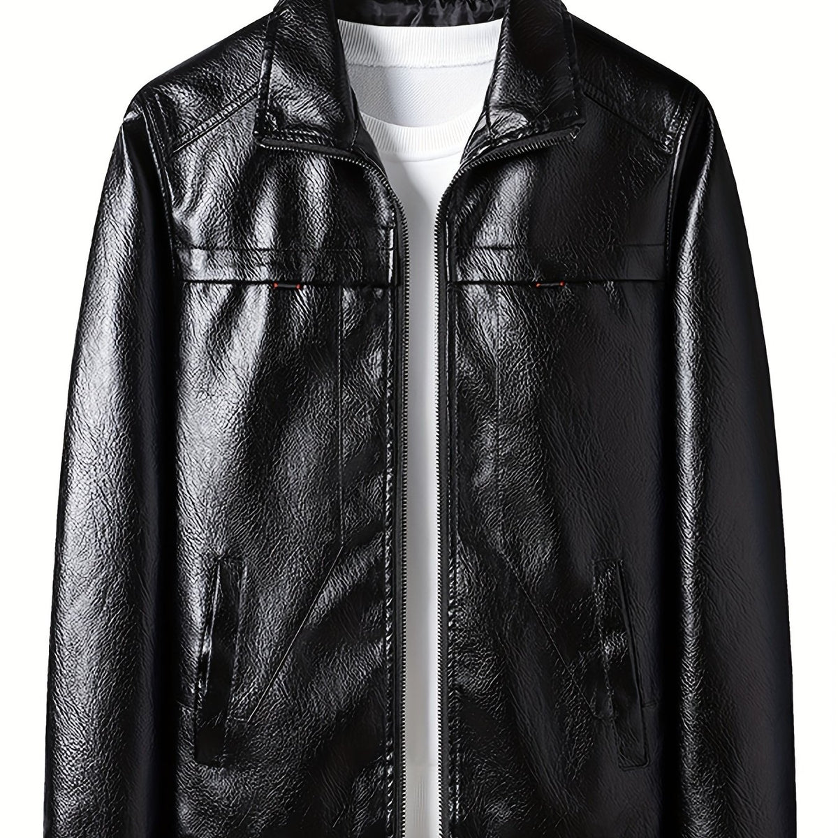 Men's PU Leather Zip Up Jacket Windproof Waterproof Top