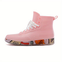 Pink Waterproof Lace-Up Platform Rain Boots for Women