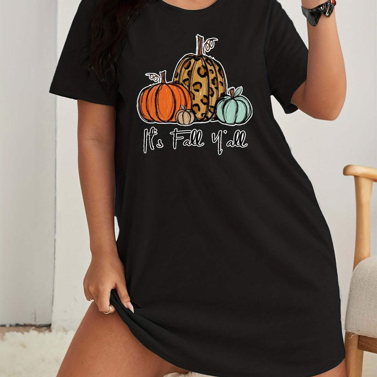  Halloween Lounge Dress Leopard Pumpkin Print Tee Nightdress