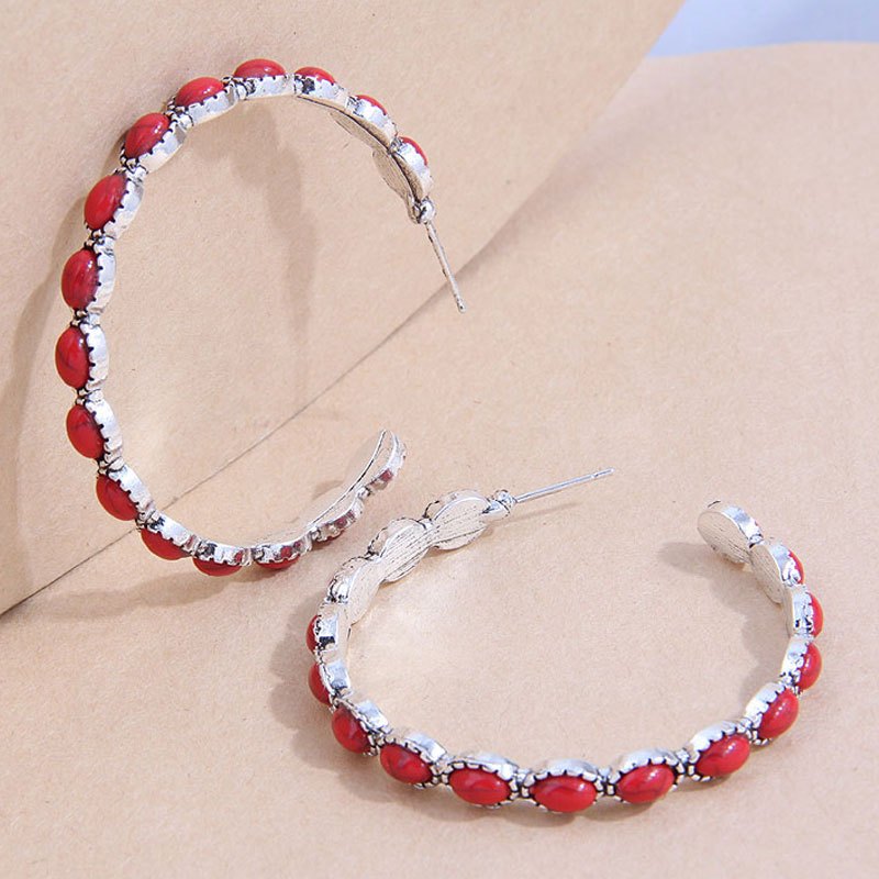 Turquoise Bohemian Metal Hoop Earrings Silver Plated Jewelry Party Decor 1Pair