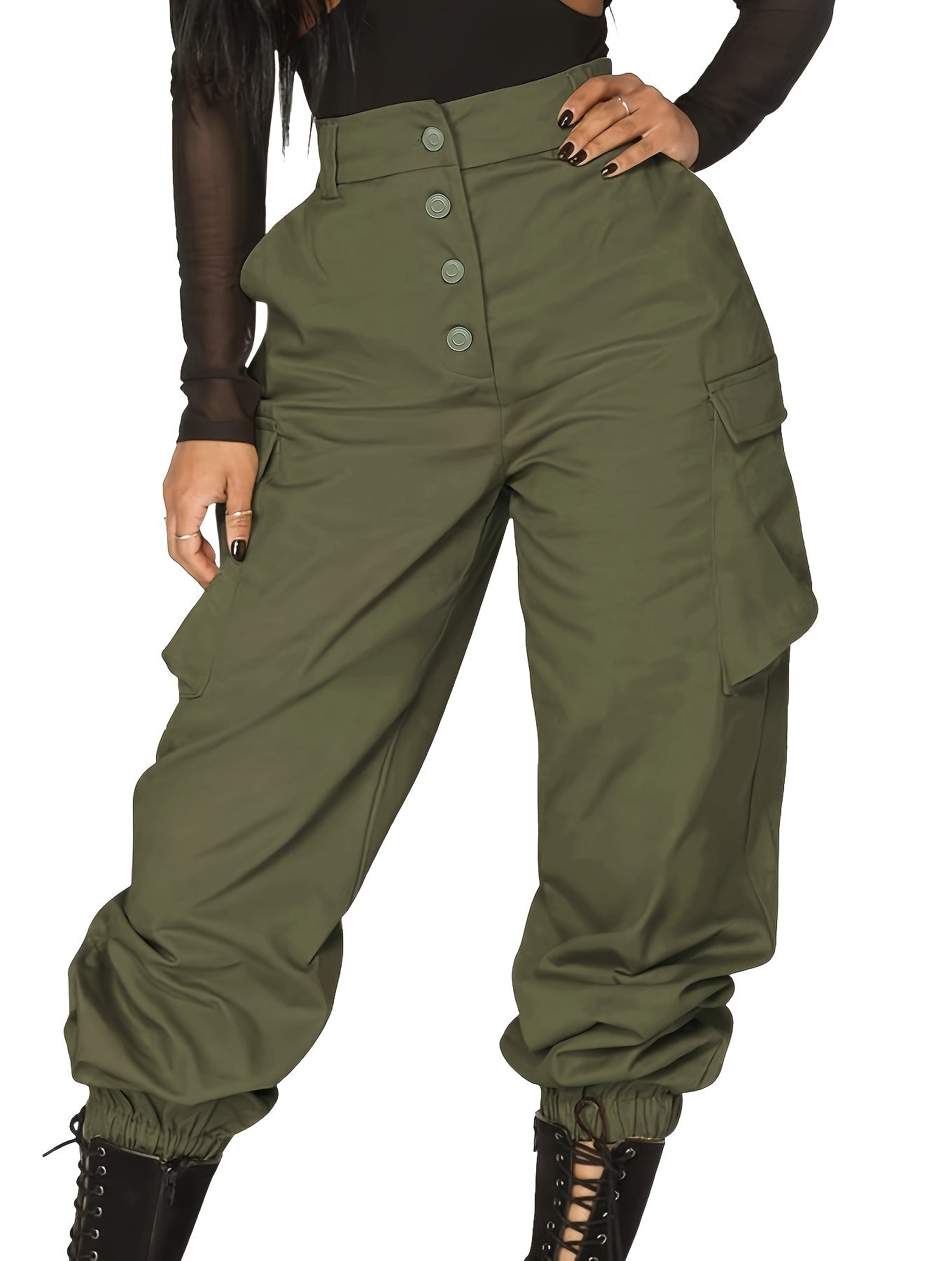Women's Plus Solid Button Up Elastic High Rise Cargo Trousers