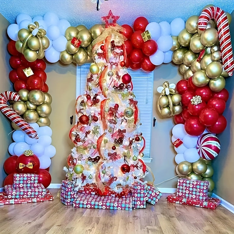142pcs Christmas Balloon Arch Garland Kit with Red Golden Candy Cane Balloons