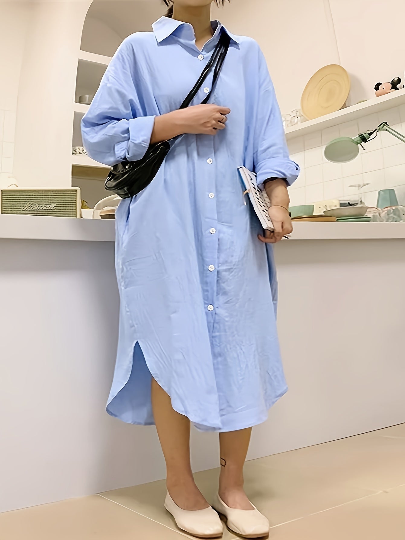  Solid Button Up Long Sleeve Shirt Dress
