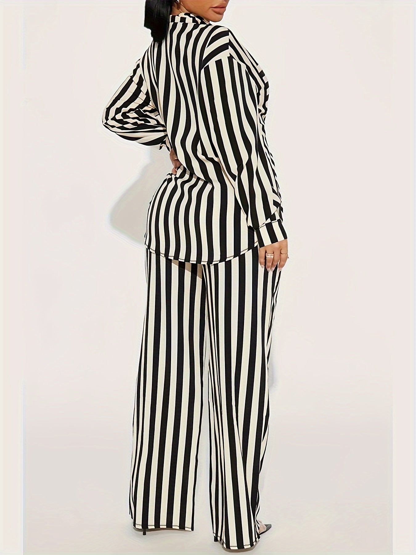 Stripe Print Blouse & Pants Outfits 2 Piece Set