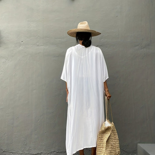 Solid Cover Up Shirt V Neck Loose Fit Non Stretch Beachwear Kimono