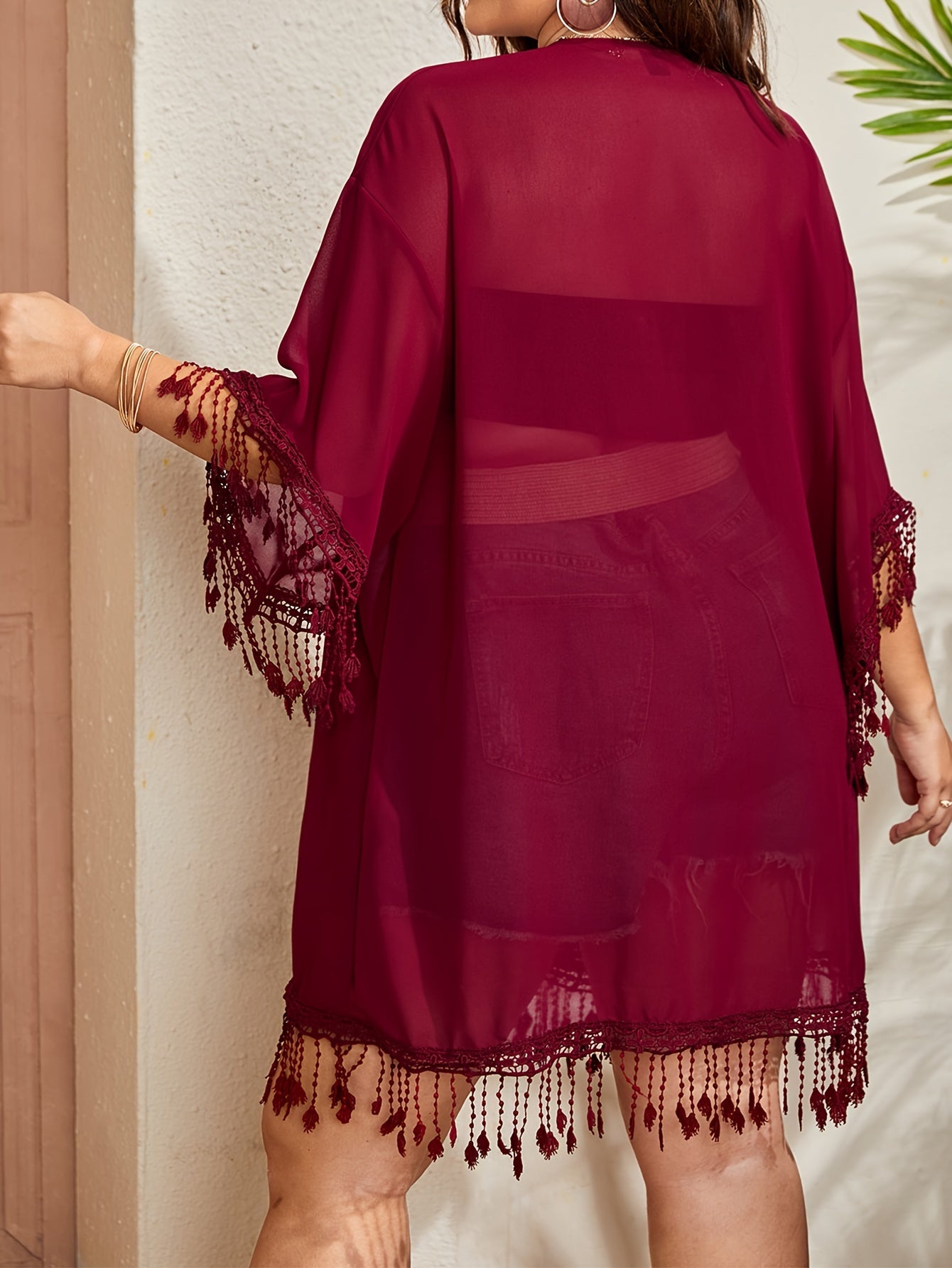  Boho Kimono Women's Plus Solid Short Sleeve Open Front Tassel