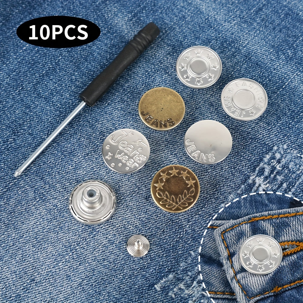 10pcs No Sewing Metal Jeans Buttons Kit 17mm Nailless Removable Jean Buttons