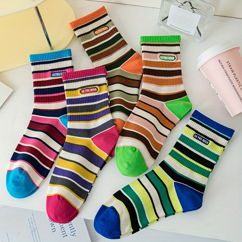 3 Pairs Colorblock Striped Socks Comfy & Funny Mid Tube Socks