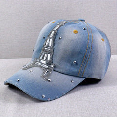 Eiffel Tower Baseball Cap Rhinestone Washed Distressed Denim Dad Hat