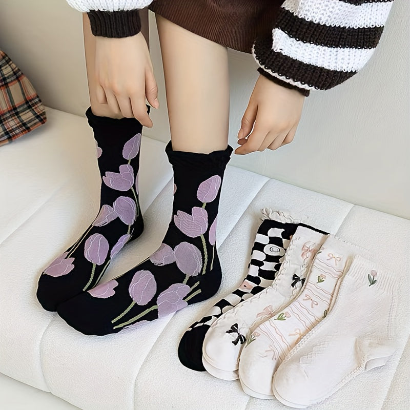 5 Pairs Cute Pattern Mid Tube Socks for Women