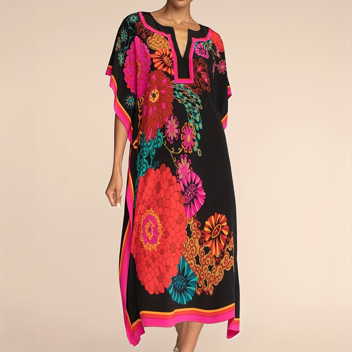  Colorblock Floral Print Bat Sleeve Maxi Cover Up
