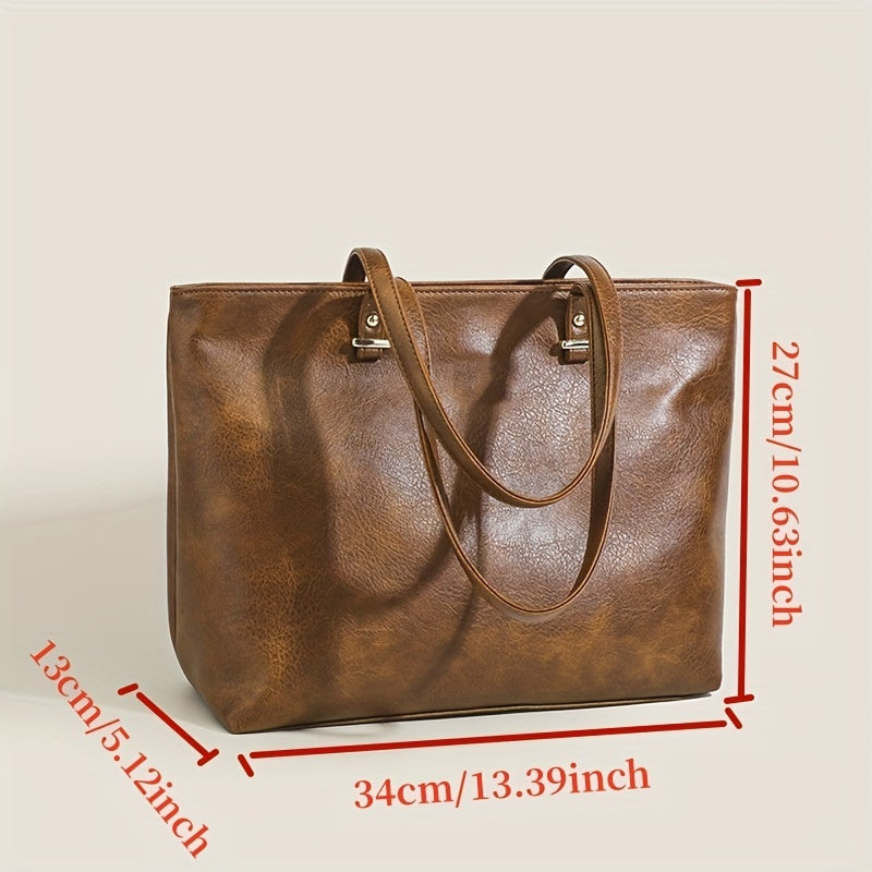 Vintage PU Leather Tote Bag Solid Handbag Large Capacity Shoulder Bag For Women