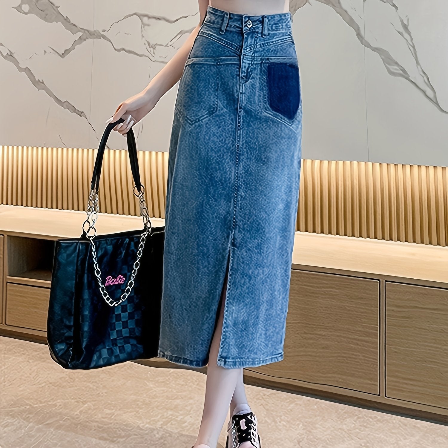 High Waist Denim Midi Skirt A Line Mid Stretch High Rise Versatile