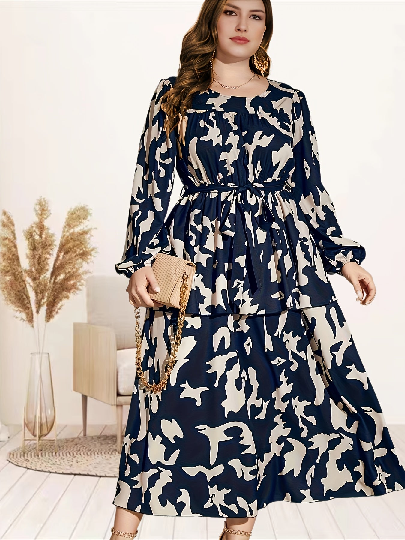  Allover Print Lantern Sleeve Maxi Dress With Belt
