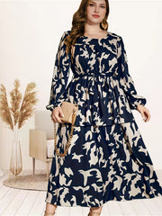  Allover Print Lantern Sleeve Maxi Dress With Belt