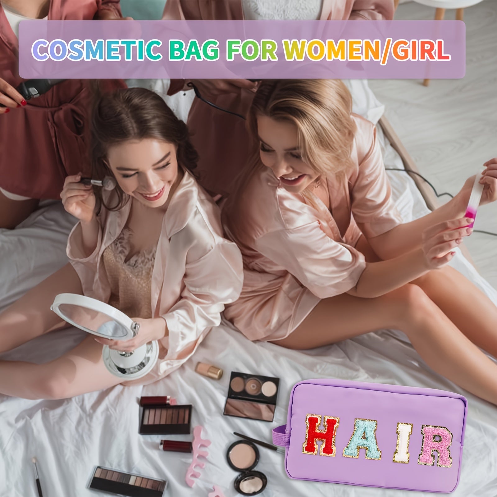 Preppy Makeup Bag Nylon Waterproof Toiletry Bag With Strap