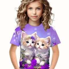 Girls Kitten Pattern Crew Neck Short Sleeve T-shirt