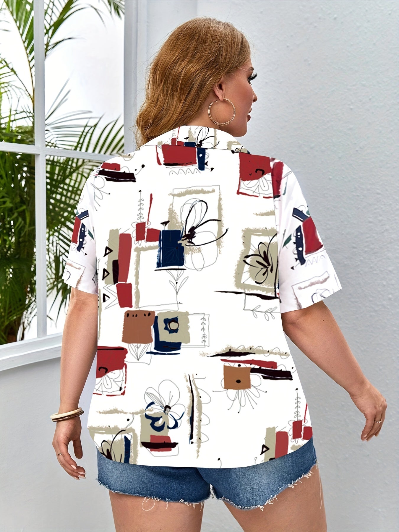  Floral Print Button Up Short Sleeve Blouse