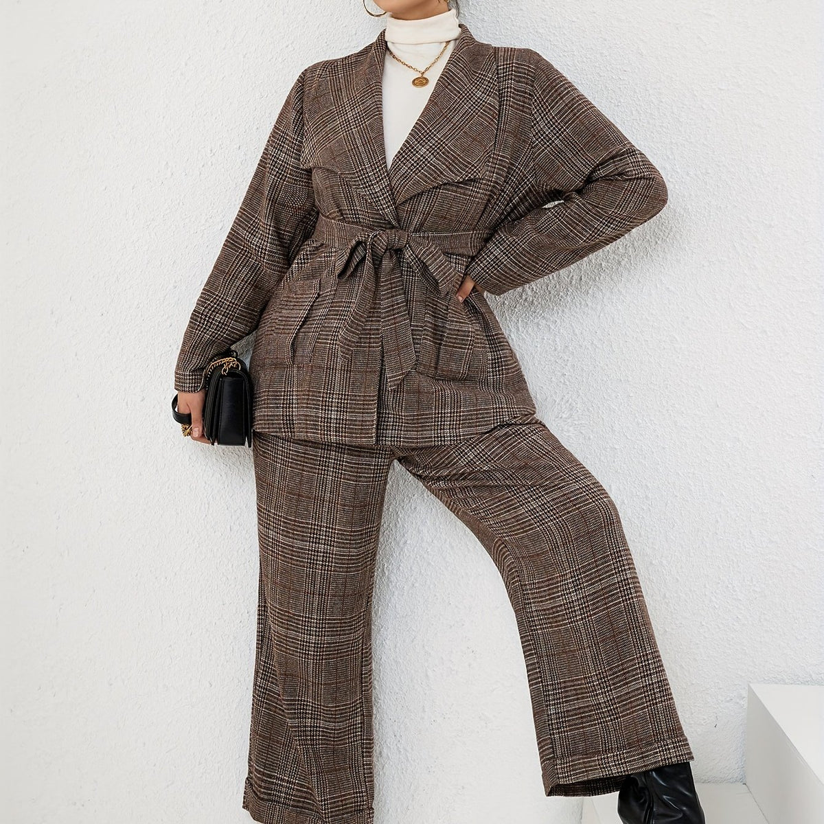  Plaid Print Blazer & Pants Set