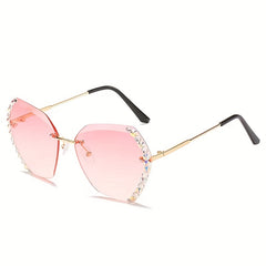 Rhinestone Decor Rimless Sunglasses For Women Gradient Lens UV400