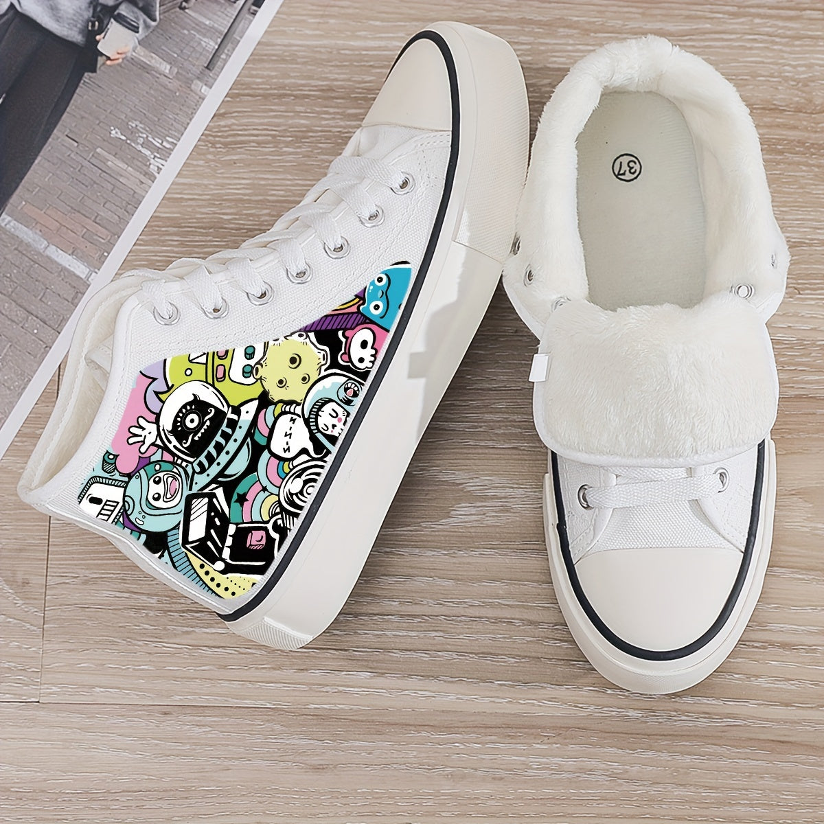 Cartoon Print Plush Lined Sneakers Fall Winter Warm