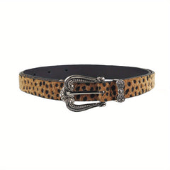 Vintage Carved Buckle Belt PU Leopard Print Western Cowgirl Belt