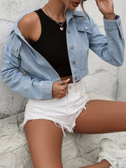 Long Sleeves Denim Jacket Single Breasted Button Lapel Cropped Coats