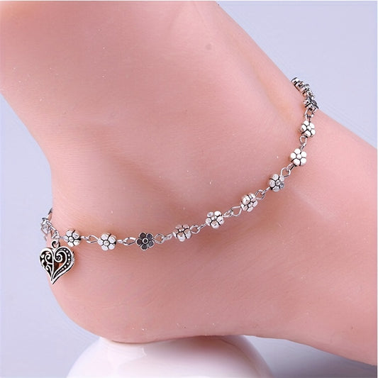 Heart Shape Pendant Beaded Anklet with Flower Beads Boho Style