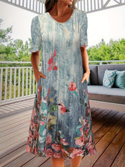  Floral Print Short Sleeve Round Neck Dress with Pockets