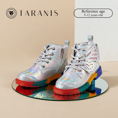 TARANIS Girls Classic Silver Laser Ankle Boots Wing Decoration Soft soled