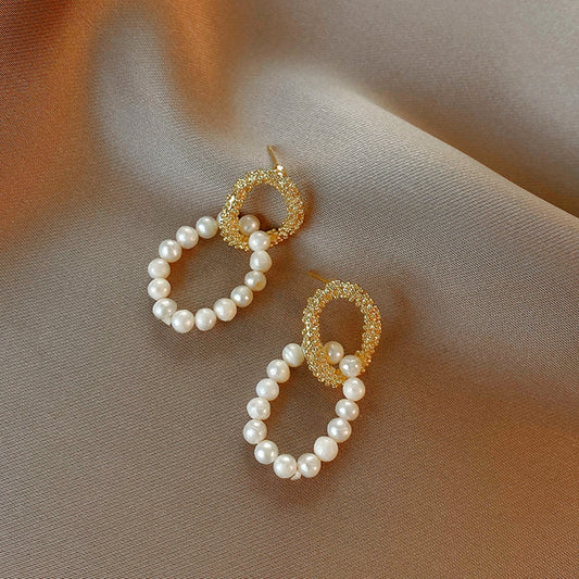 Golden Circle Dangle Faux Pearl Circle Drop Earrings