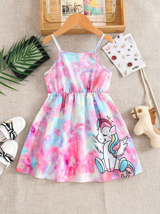 Girls Unicorn Print Spaghetti Strap Casual Dress Knee Length