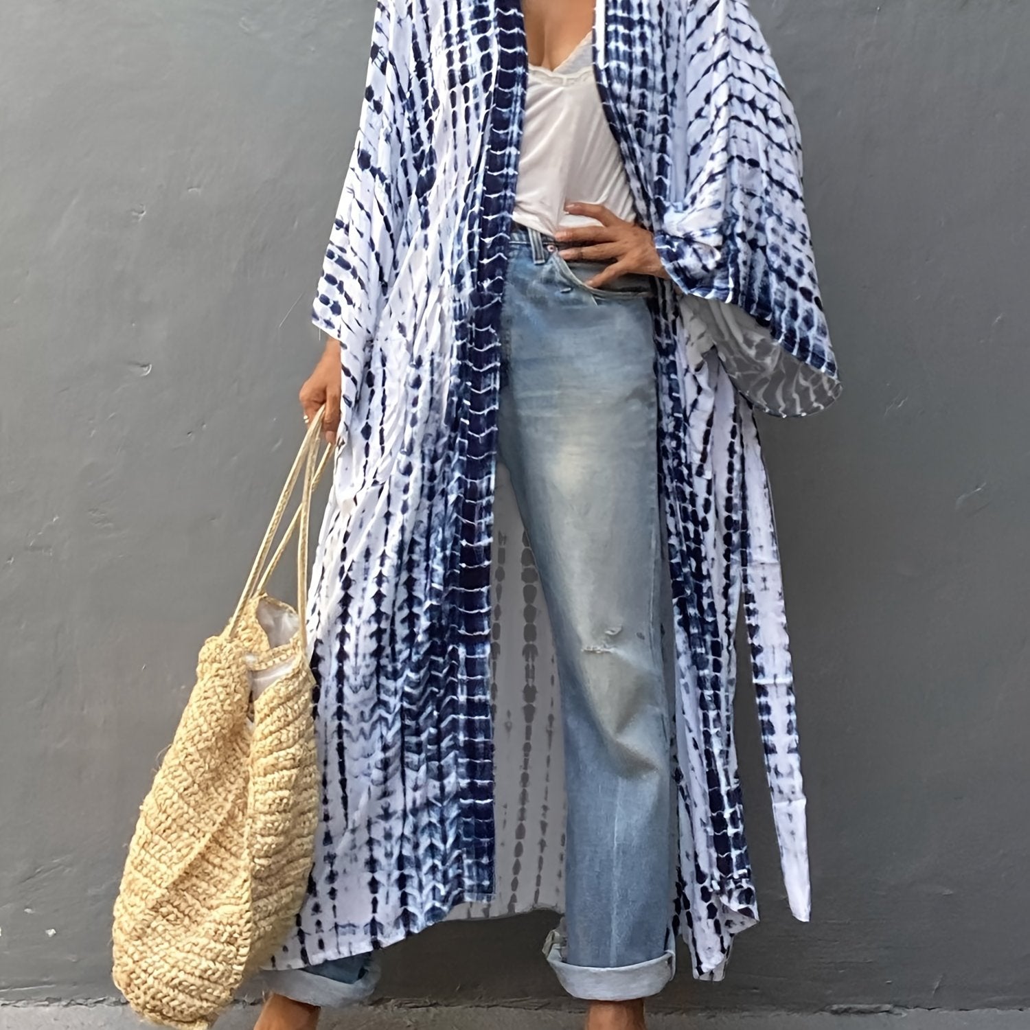  Tie Dye Striped Kimono Beach Cover Up