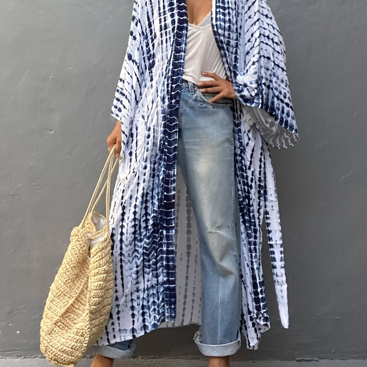  Tie Dye Striped Kimono Beach Cover Up