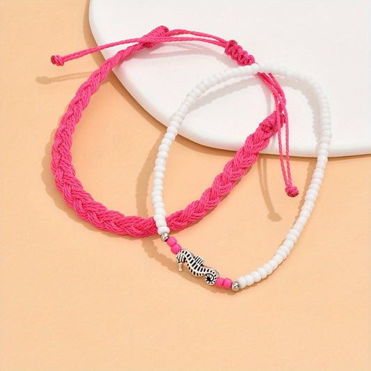 2 Pcs Vintage Style Braided Anklet Set for Women & Girls