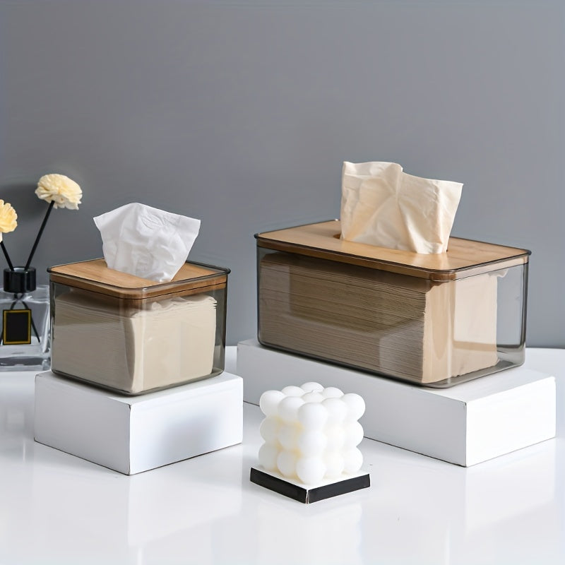 Transparent Tissue Box with Wooden Lid for Toilet Paper and Tissues