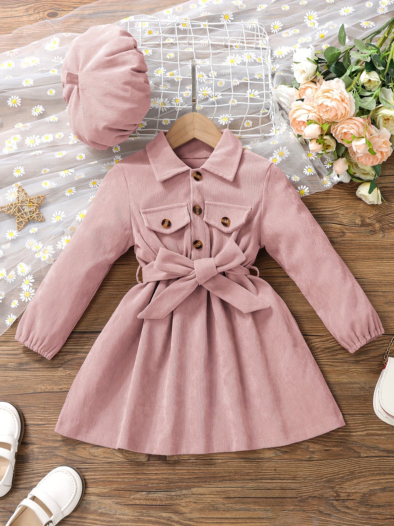 Girls Corduroy Button Front Collar Neck Dress Set