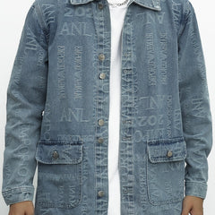 Letter Print Denim Jacket Men's Casual Lapel Button Up Coat